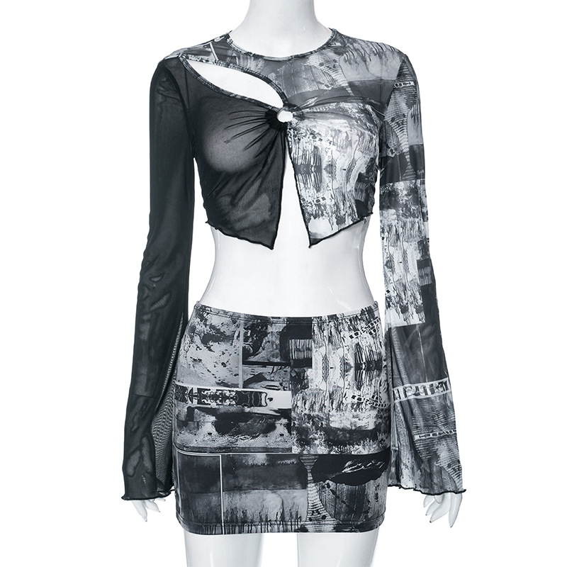 European And American Fashion Hollowed-out Ring Printed Mesh Top Hip Skirt Two-piece Set