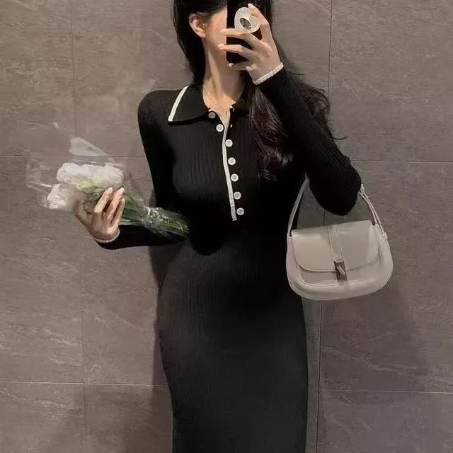 Slimming And Figure flattering Contrast Color Knitted Bodycon Dress Black - Shop at LoveMi