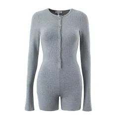 Round Neck Long Sleeve Multi-button Stretch Slim Fit Jumpsuit Sports Shorts - Grey - View 1