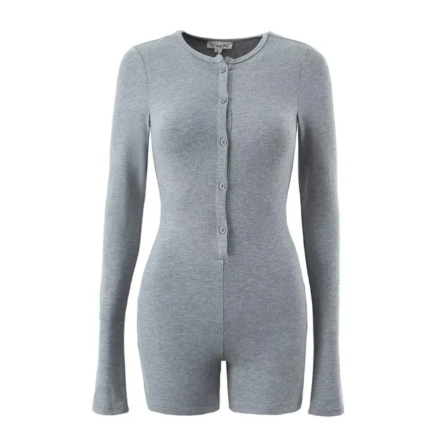 Round Neck Long Sleeve Multi button Stretch Slim Fit Jumpsuit Sports Shorts Grey - Shop at LoveMi