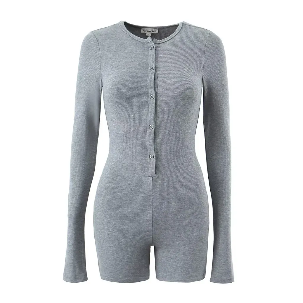 Round Neck Long Sleeve Multi-button Stretch Slim Fit Jumpsuit Sports Shorts - Grey