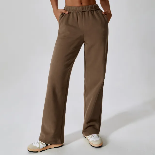 Waist tied Fleece lined Warm And Loose Straight Wide Leg Outdoor Leisure Sports Pants Caramel Mocha - Shop at LoveMi