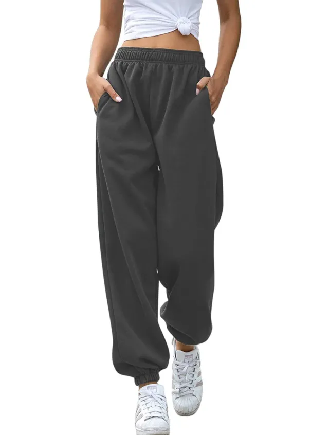 Women's Fashion All match High Waist Casual Track Sweatpants Ankle Banded Pants Dark Gray - Shop at LoveMi