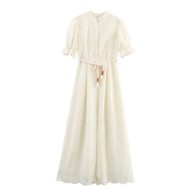 European And American Style Gentle Elegant Style Puff Sleeve Waist Trimming Short sleeved Long Dress - Shop at LoveMi