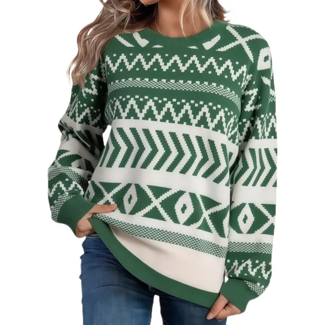 Intellectual Style Unique Long Sleeve Round Neck Knitted Sweater Green - Shop at LoveMi