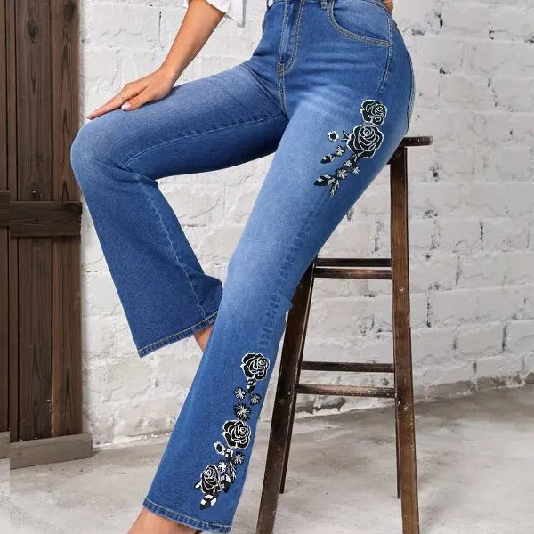 Women's Fashionable Stretch Floral Embroidered Flared Jeans Peacock Blue - Shop at LoveMi