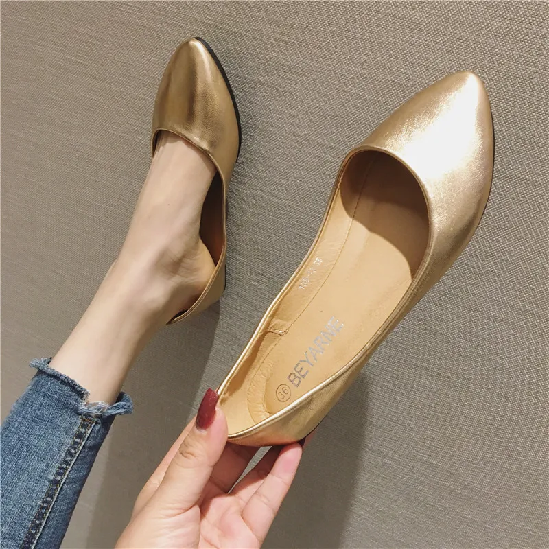 Women's Leather Flat Shoes - Champagne-34