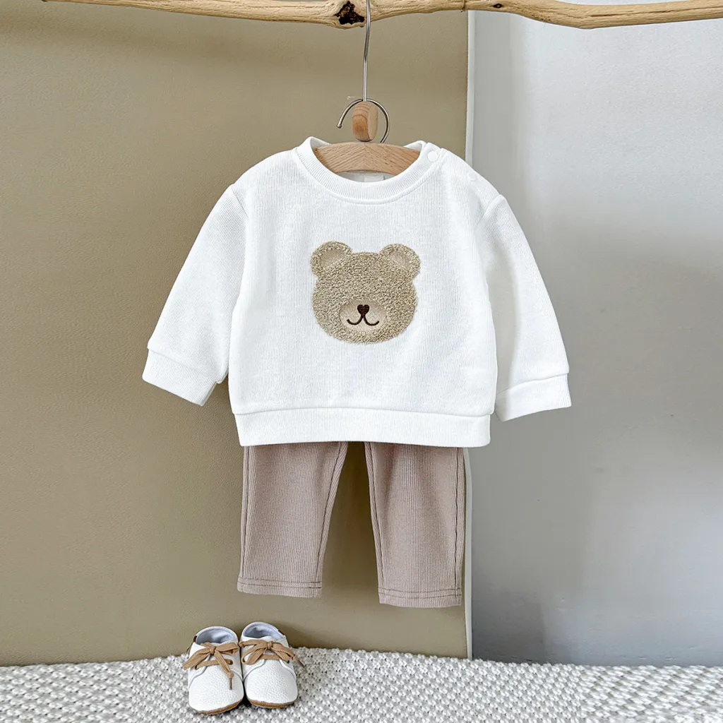 INS Unisex Baby Bear Print Long-sleeve Hoodie And Sweatpants Set For Springautumn - White