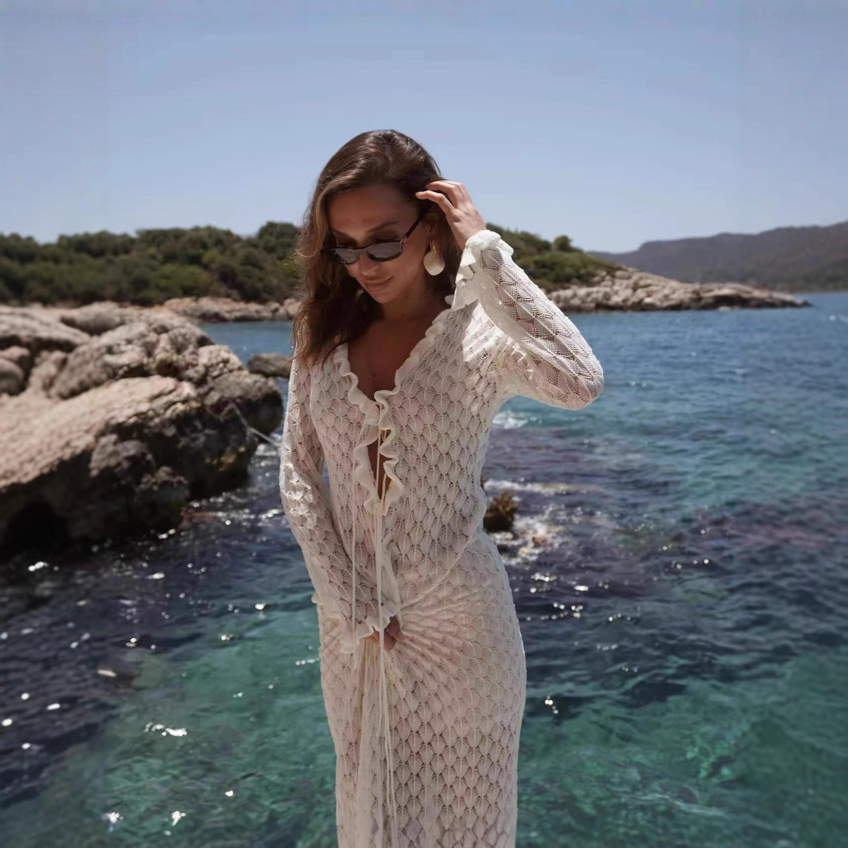 Hollow out V neck Long Sleeve Bodycon Dress White - Shop at LoveMi