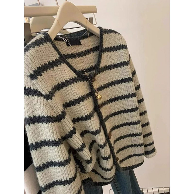 Vintage Stripe Knitted Coat For Women Autumn And Winter