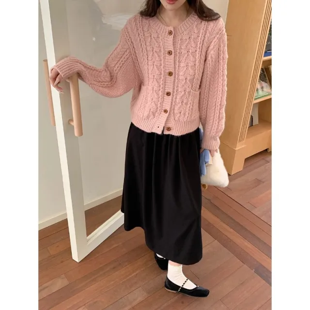 Korean Style Idle Style Thick Needle Twisted Texture Knitted Cardigan Sweater Pink - Shop at LoveMi