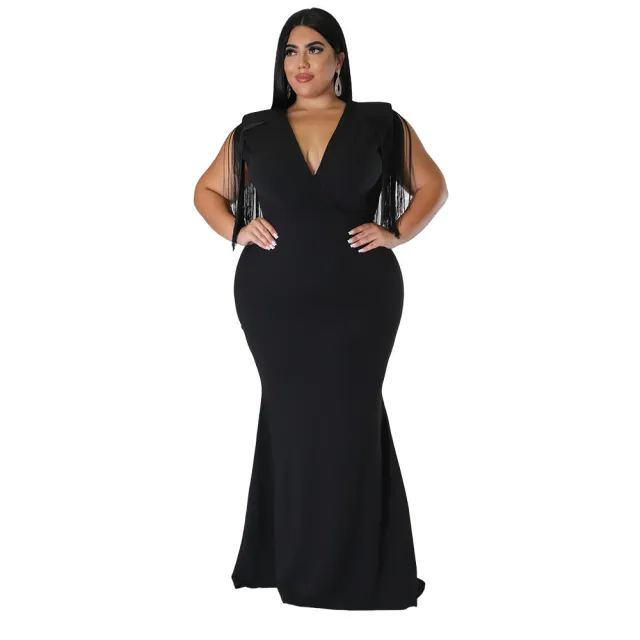Women's Plus Size Tassel V Neck Long Sleeve Slim Fit Dress Black - Shop at LoveMi