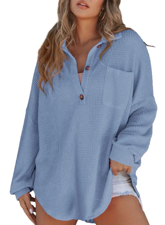 Women's Waffle Knit Loose Long Sleeve Top Blue - Shop at LoveMi