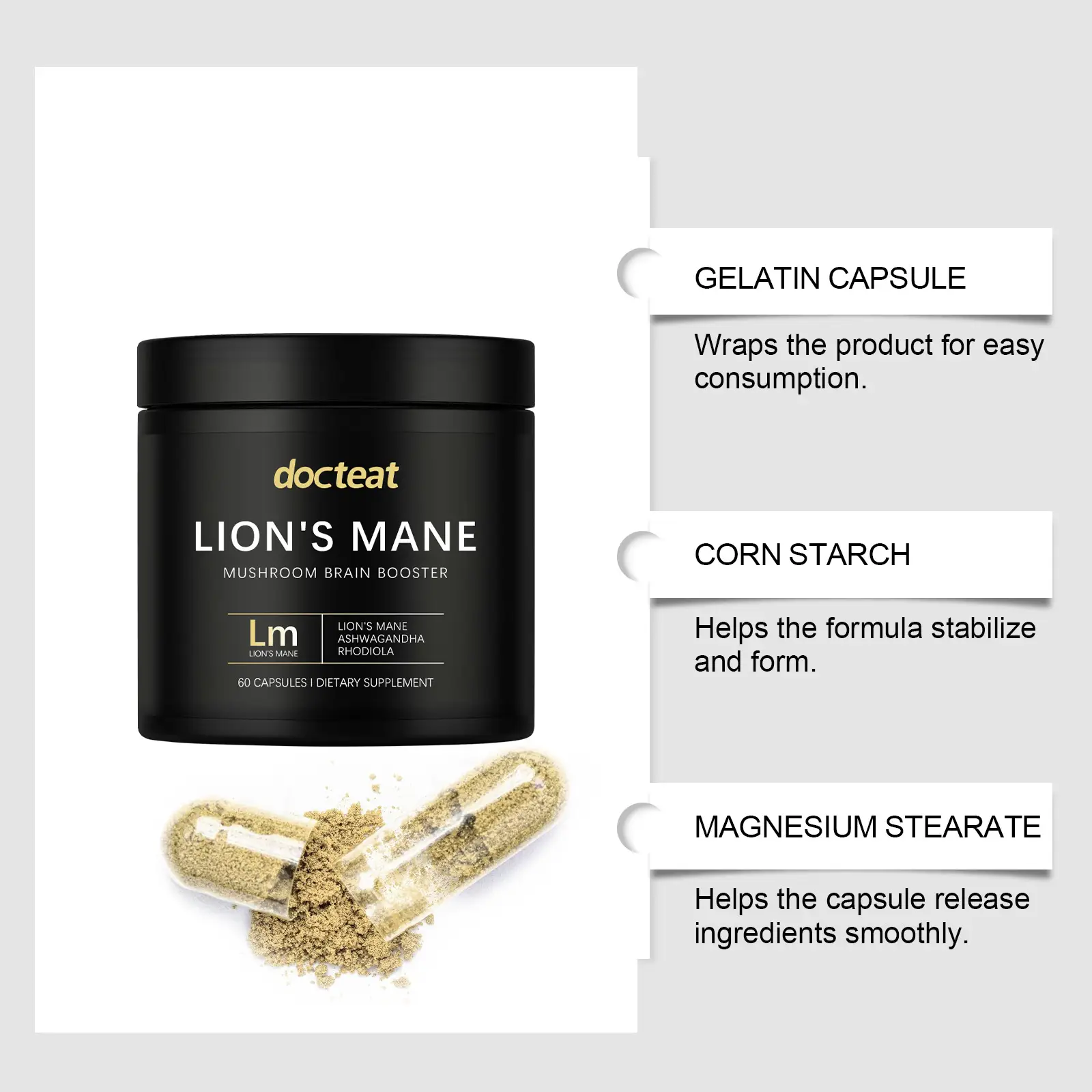 Mushroom Capsule Pure Formula Improves Concentration