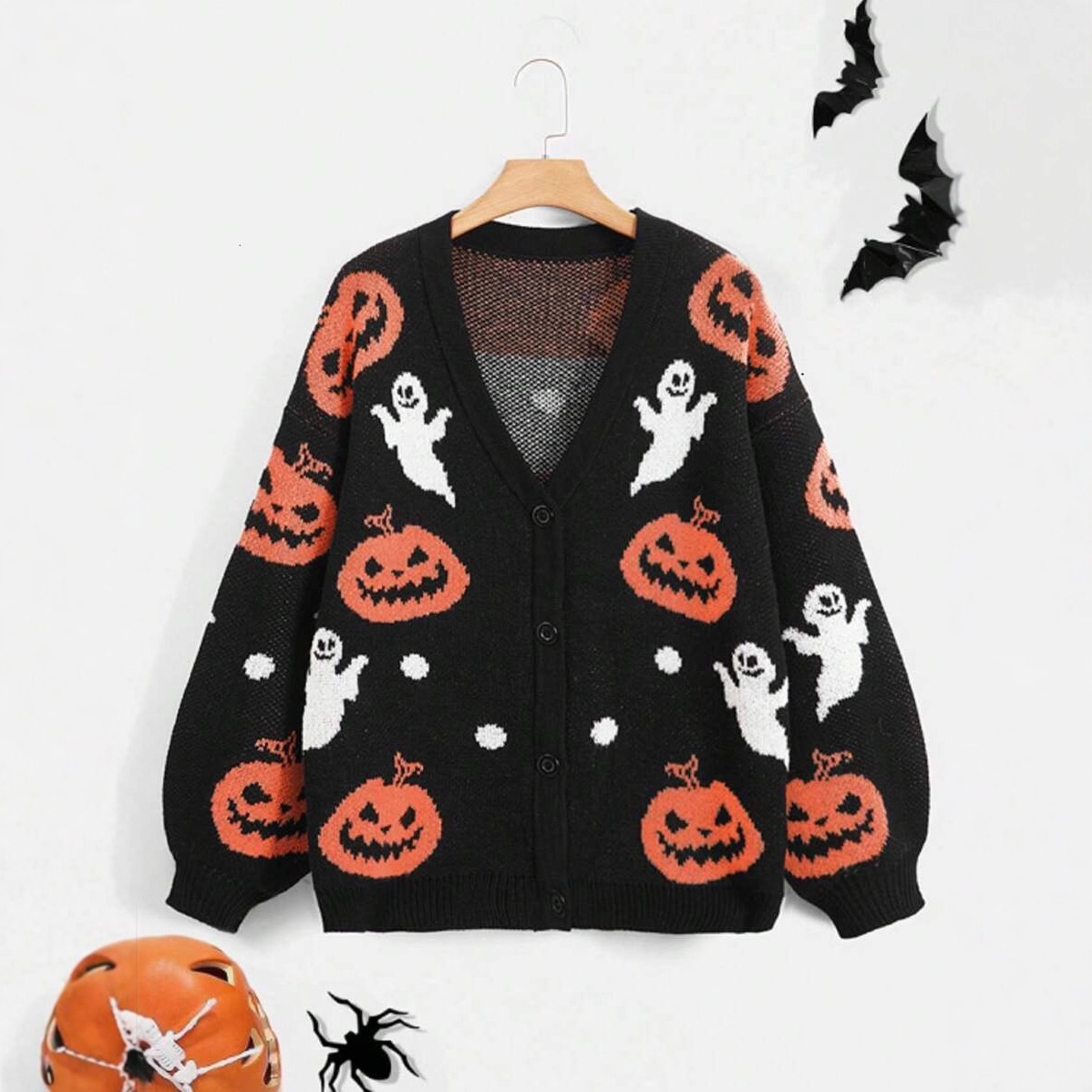 Halloween V-neck Loose Pumpkin Jacquard Cardigan