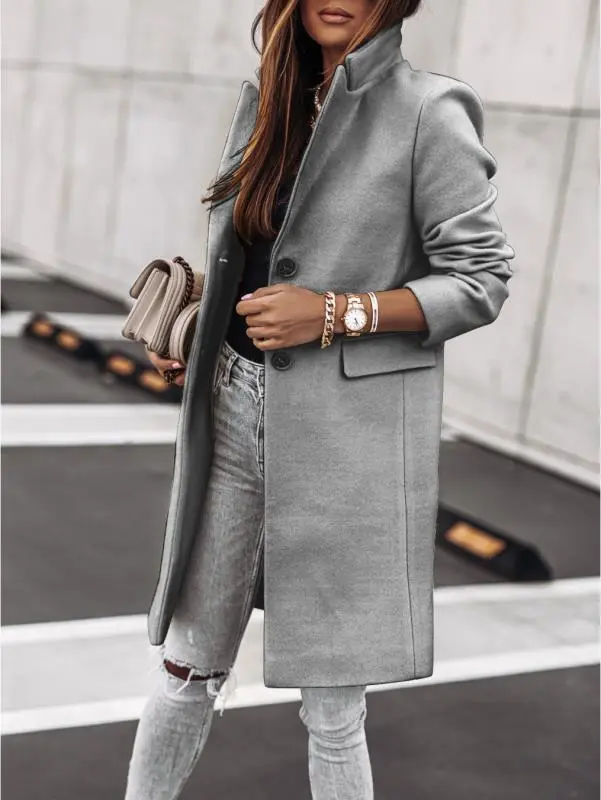 Autumn And Winter Simplicity Long Sleeve Button Woolen Coat Gray - Shop at LoveMi
