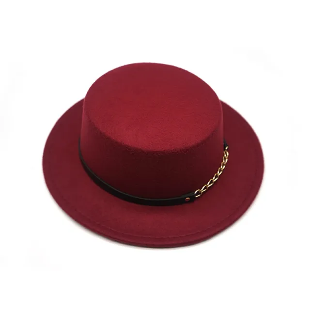Men's And Women's Retro British Style Chain Solid Color Flat Top Hat Wine - Shop at LoveMi