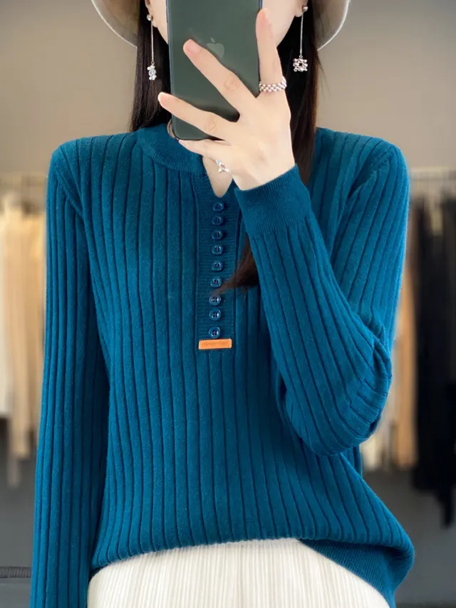 Long Sleeve Round V neck Sweater Solid Color Blue - Shop at LoveMi