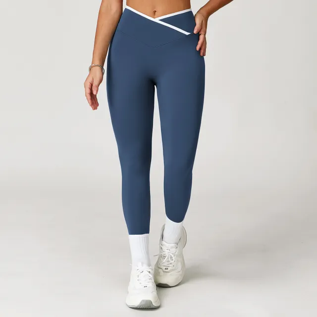 Nude Feel Skinny Yoga Pants Cross High Waist Contrast Color Women Badge Blue - Shop at LoveMi