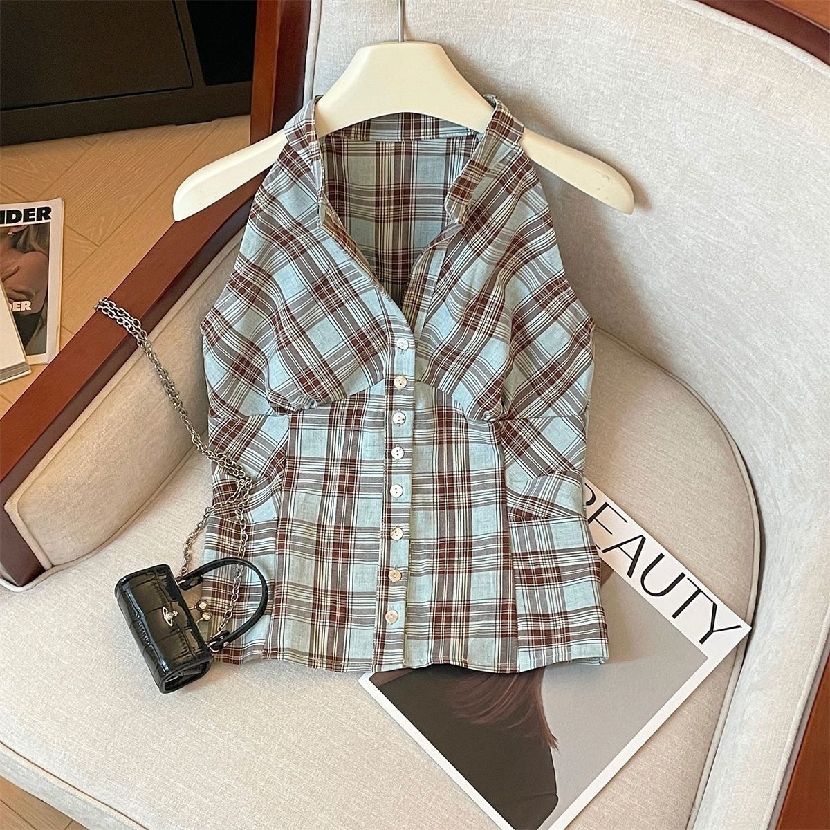 Sweet V neck Tube Top Beautiful Shirt Blue Plaid Picture Color - Shop at LoveMi