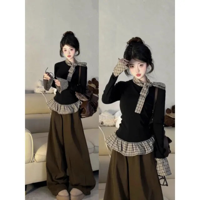 Women's Autumn Fake Two Piece Spliced Black Base Shirt Long Sleeve T Shirt Black - Shop at LoveMi