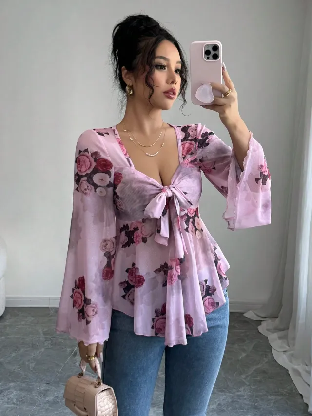 European And American Design Sense French Sweet Flower Blooming Lace up Square Collar Long Sleeve Shirt Light Purple - Shop at LoveMi