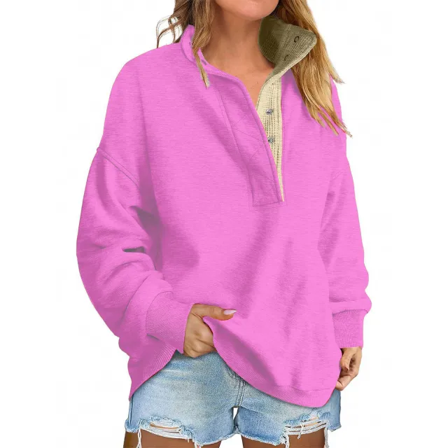 Pullover Leisure Loose Button Sweater For Women Dried Shrimp Powder Xl - Shop at LoveMi