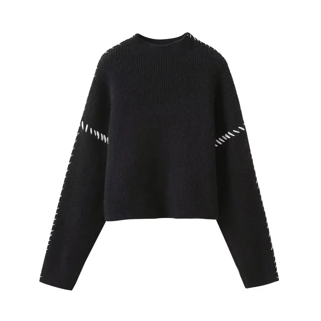 Colour Contrast Patchwork Line Design Sense Crew Neck Casual Sweater - Black
