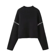 Colour Contrast Patchwork Line Design Sense Crew Neck Casual Sweater - Black - View 1