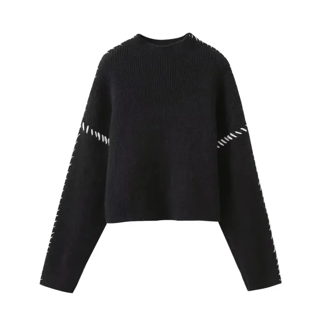 Color Contrast Patchwork Line Design Sense Crew Neck Casual Sweater Black - Shop at LoveMi
