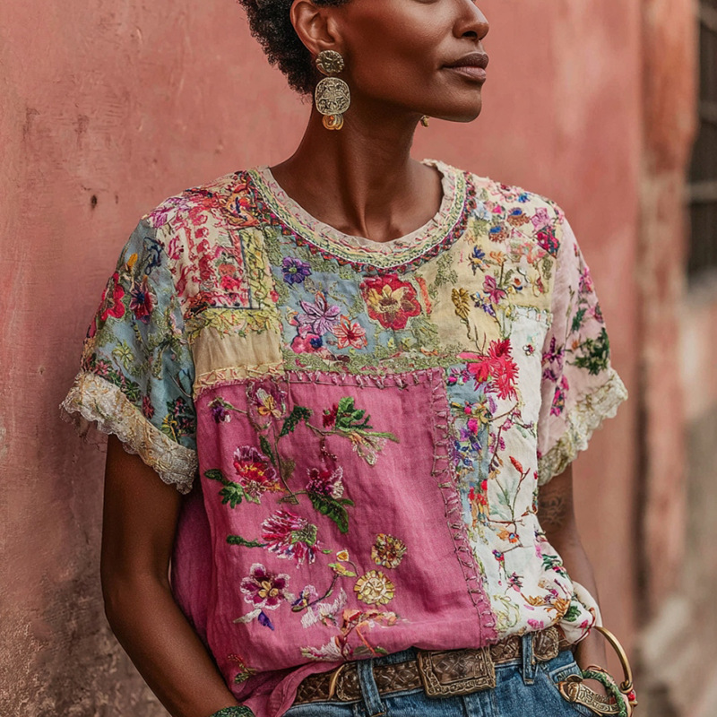 Womens Retro Printed Patchwork Crew-Neck Top - Image 3