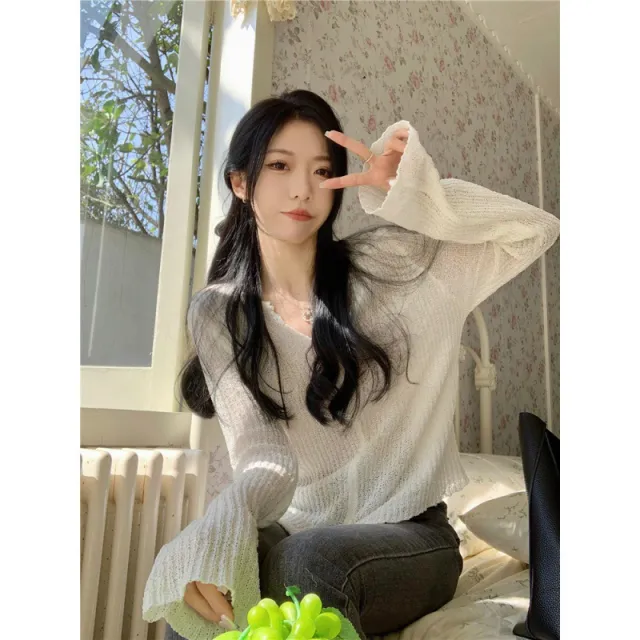 Lightweight Solid Color Knitted Top Sun Protection White - Shop at LoveMi