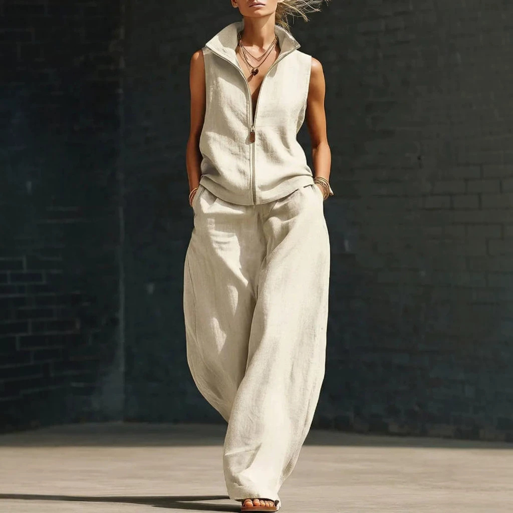 Sleeveless Stand Collar Linen Cotton Two-Piece Set | Relaxed Fit — view 5