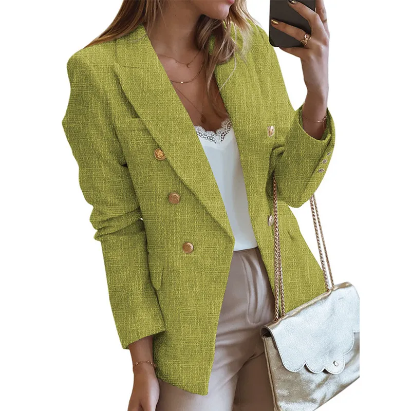 Women's Solid Color Slim-fit Suit With Metal Breasted - Lc852370 Yellow