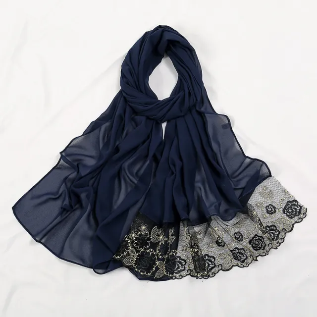 Flower Lace Pearl Chiffon Scarf 3 Navy Blue - Shop at LoveMi