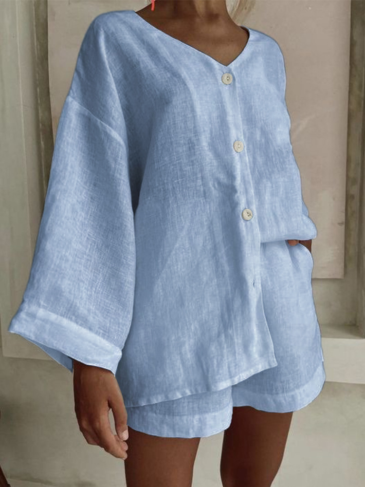 Women's cotton linen shirt and shorts set in sky blue – elegant casual 2-piece