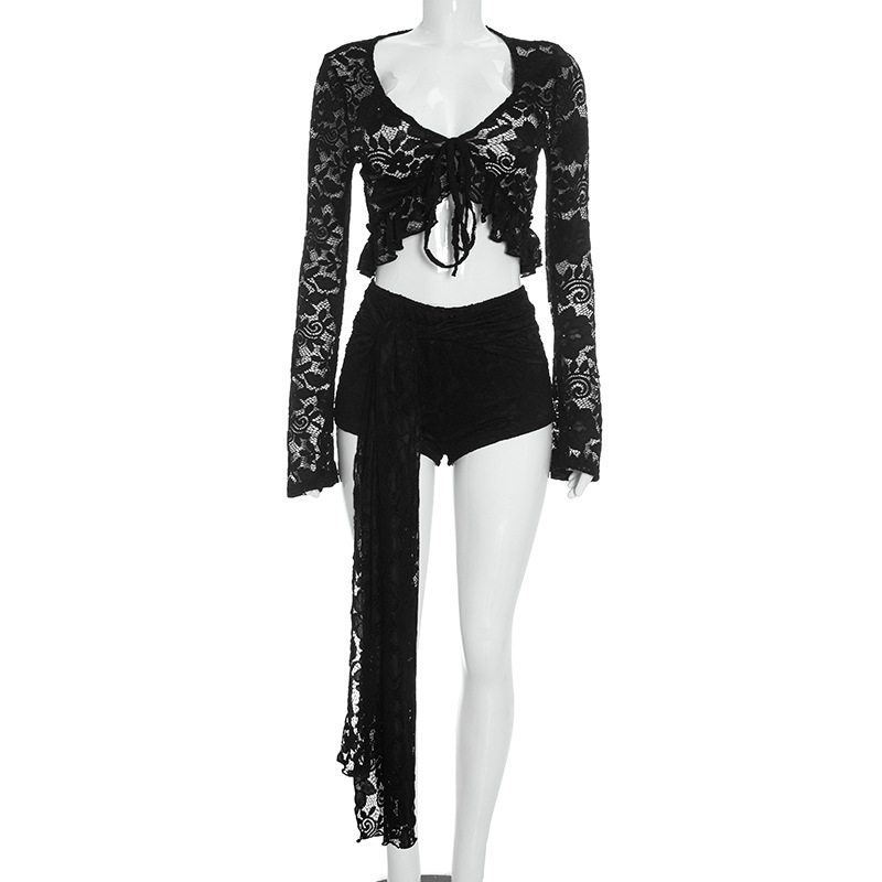 Lace Sexy Ruffled Lace-Up Cardigan And Lace-Trimmed Pleated Shorts Set 4