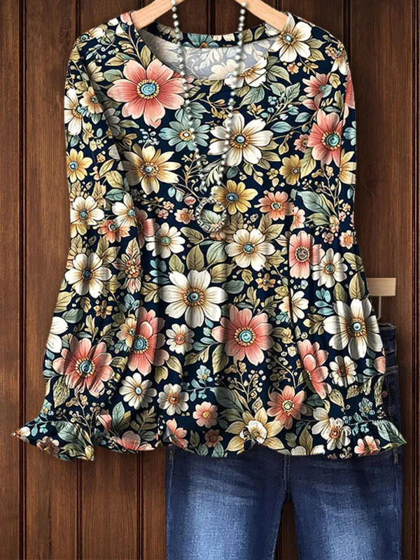 European And American Autumn New Round Neck Floral 3D Printed Long sleeved Top Women Cfa1862Md - Shop at LoveMi