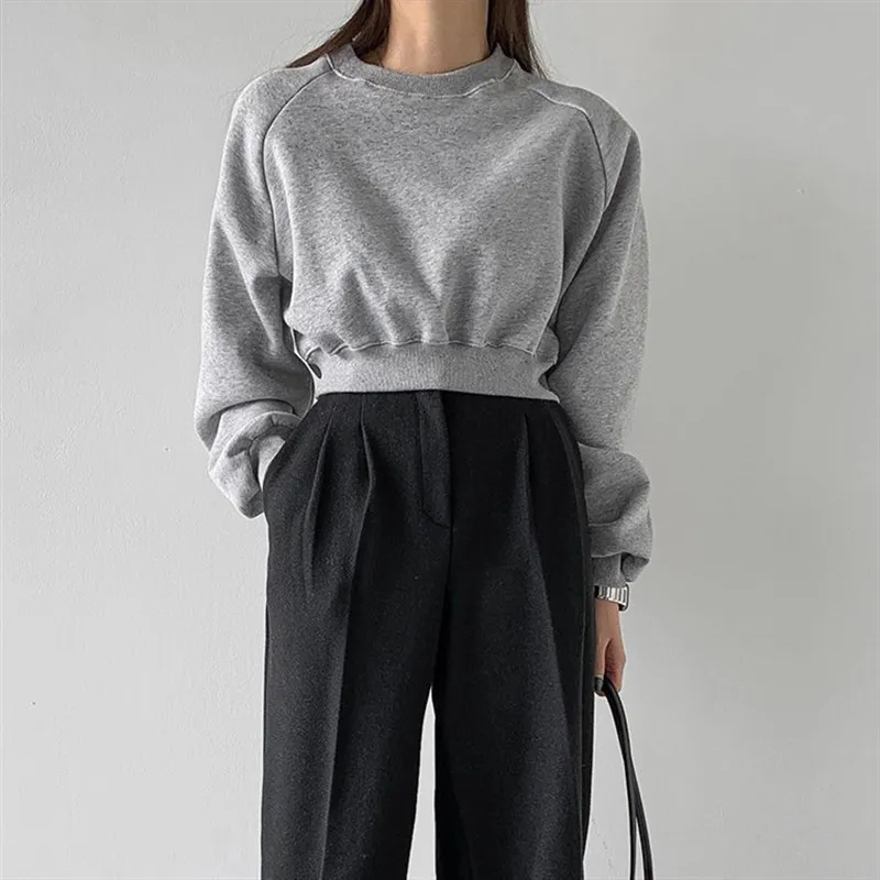 Round Neck Waist Trimming High Waist Short Sweatshirt