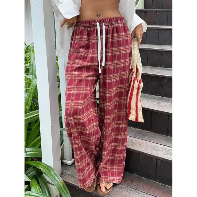 Womens Retro American Style Color Block Plaid Casual Pants Red - Shop at LoveMi