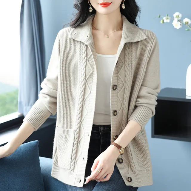 Covering Belly Thin Plus Size High Lapel Knitted Cardigan For Women Beige Camel - Shop at LoveMi