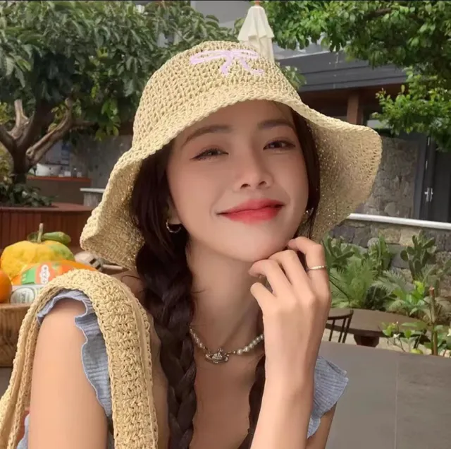 Adjustable Bow Straw Hat Female Summer Travel Sun proof Beach Seaside Sunhat Beige - Shop at LoveMi