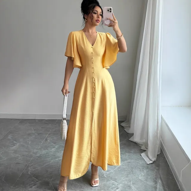 Women's Solid Colored Split Simple Dress With Petal Sleeves Yellow - Shop at LoveMi