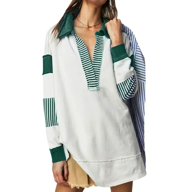 Loose V neck Casual Long Sleeve Pullover Split Patchwork Sweater White Plus Green - Shop at LoveMi
