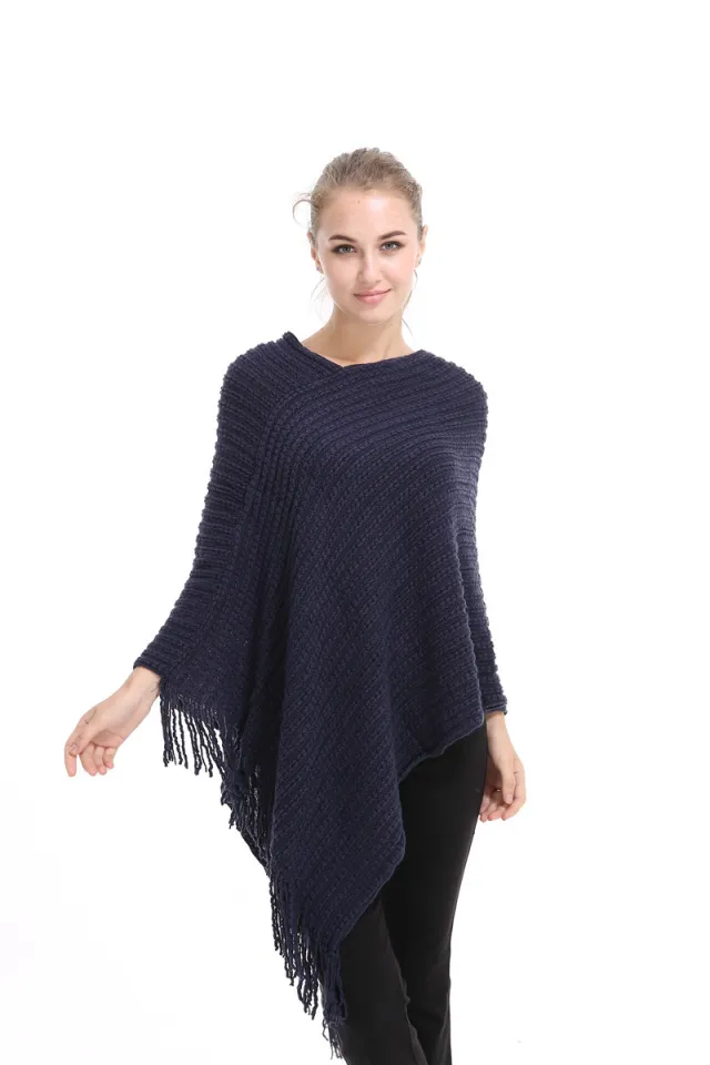 Women's Knitted Cloak Shawl Fashion Dark Blue - Shop at LoveMi