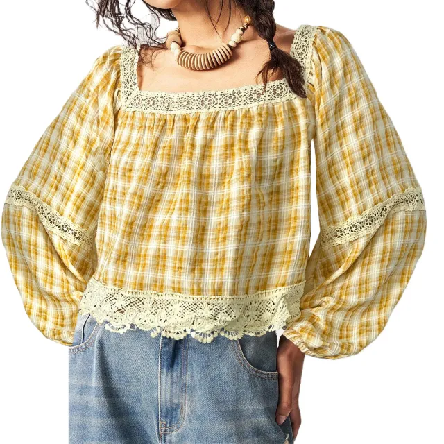 Patchwork Lace Blouse Women's Top Yellow - Shop at LoveMi