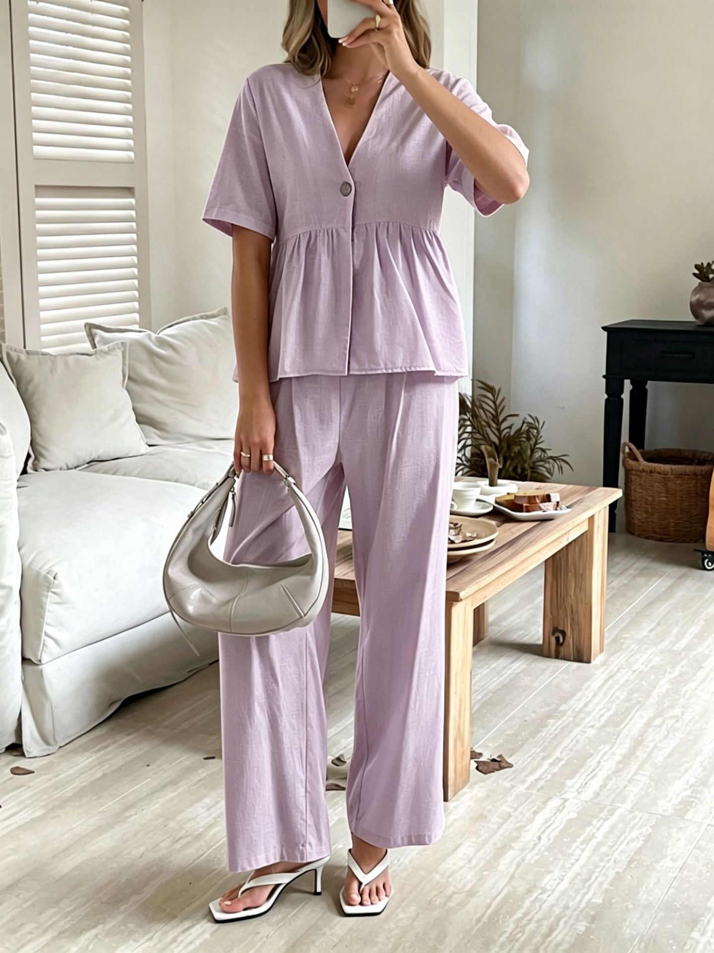 Women's V-Neck Co-ord Set in Lavender Purple – full outfit