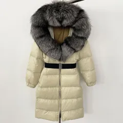 Women's Long Cinched Hoodie Real Fox Collar Fur Down Jacket Coat - Beige Silver Fox - View 1