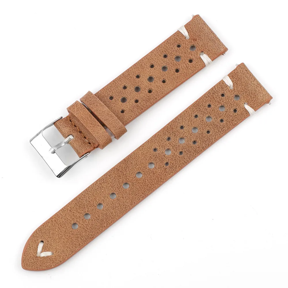 Handmade Retro Genuine Leather Watch Band - Khaki White Line
