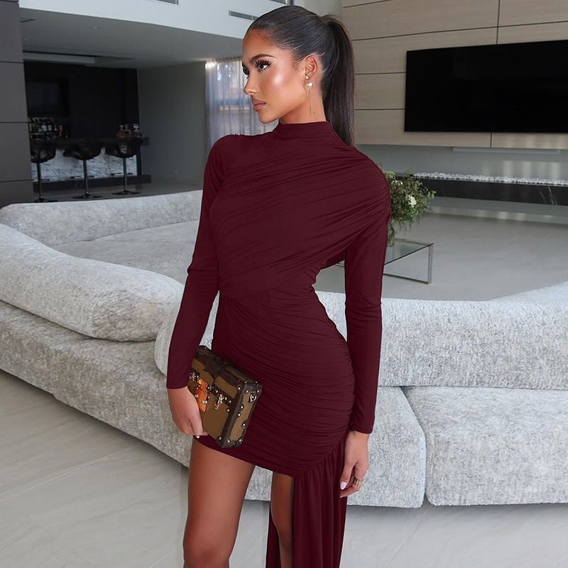 Women's Fashion Slim fit Round Neck Pleated Sheath Streamer Long Sleeve Dress Wine - Shop at LoveMi